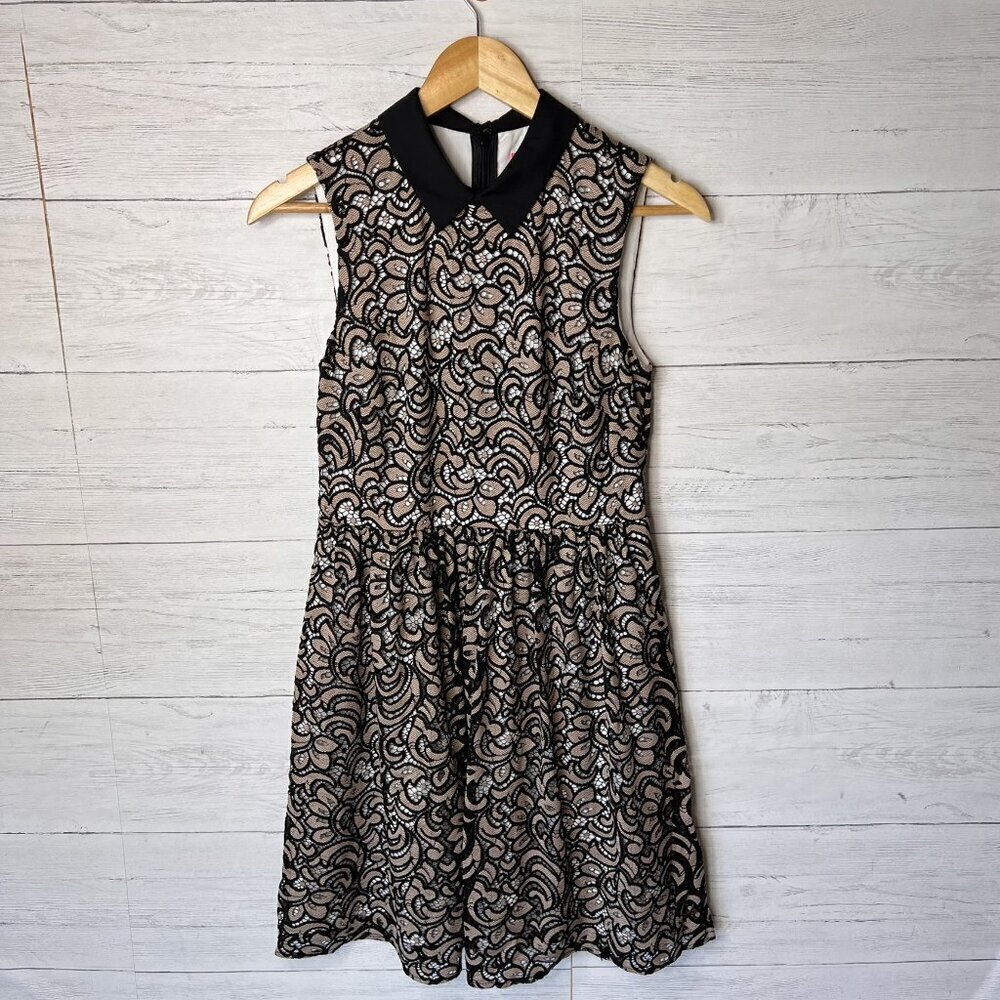 Betsey Johnson Dress Womens SZ 2 Black and Tan Lace with Peter Pan Collar Pinup